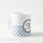 Blauwe pokadots, cheques en strips met monogram koffiemok (Voorkant links)