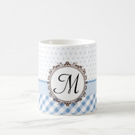 Blauwe pokadots, cheques en strips met monogram koffiemok