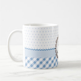 Blauwe pokadots, cheques en strips met monogram koffiemok