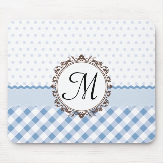 Blauwe pokadots, cheques en strips met monogram muismat (Voorkant)