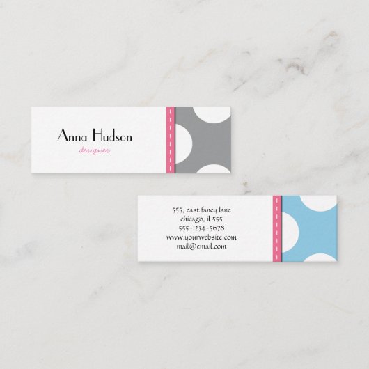 Blauwe pokadots, grijze pokadots, gebotteld patroo mini visitekaartje (Voorkant / Achterkant)