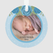 Blauwe pokstip Rozen Baby eerste kerstfoto Ornament (achterkant)
