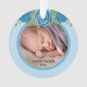 Blauwe pokstip Rozen Baby eerste kerstfoto Ornament