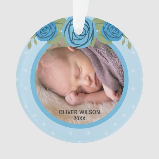 Blauwe pokstip Rozen Baby eerste kerstfoto Ornament (voorkant)