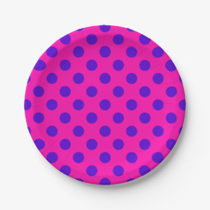 Blauwe pokstippen op fuchsia papieren bordje