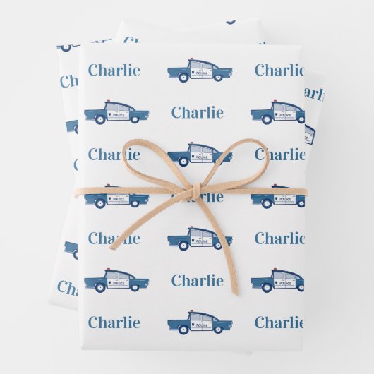 Blauwe Politieagent Verjaardagsfeestje Custom Inpakpapier Vel (In situ)