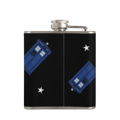 Blauwe politiedoos Groter op de erlenmeyer van de  Heupfles (Achterkant)