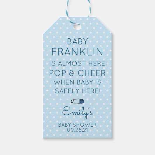 Blauwe Polka Dot Baby shower Cadeaulabel (Voorkant)