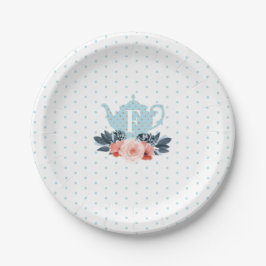 Blauwe Polka Dot Bloemen  Tea Party Monogram Papieren Bordje
