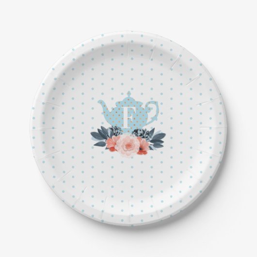 Blauwe Polka Dot Bloemen Tea Party Monogram Papieren Bordje (Voorkant)