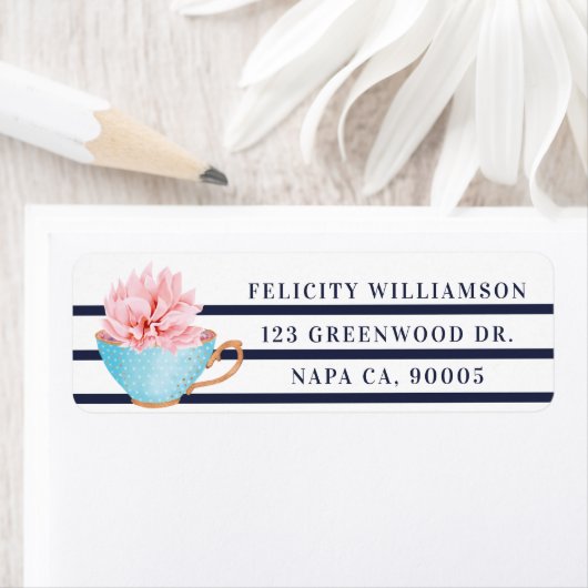 Blauwe Polka Dot Teacup Bloemen en Strepen Etiket (Insitu)