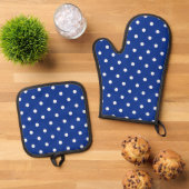 Blauwe Polka Dots Oven Mitt & Pot Houder Set (Top down)