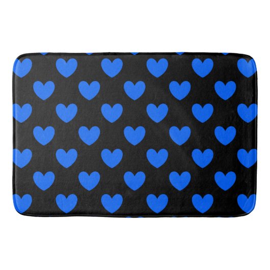 Blauwe polka harten in zwart badmat (Voorkant)