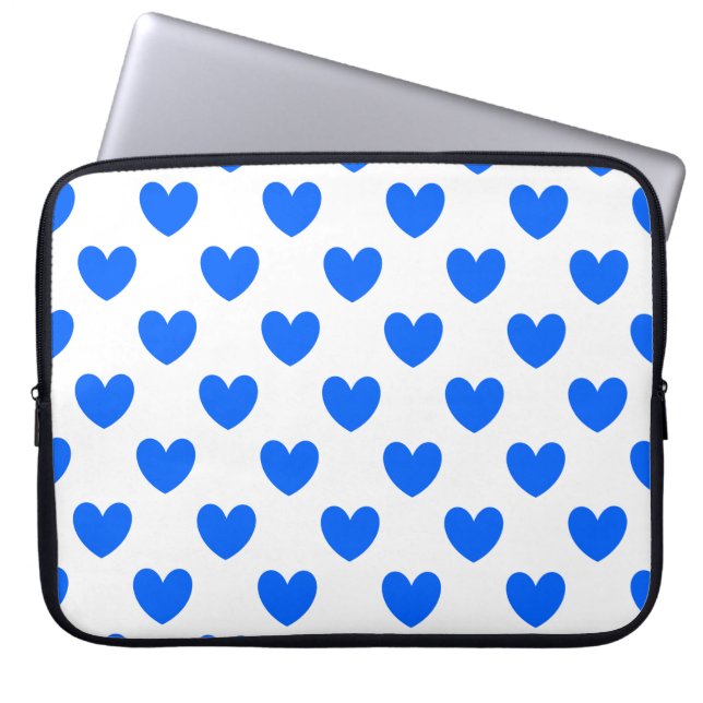 Blauwe polka harten wit laptop sleeve (Voorkant)