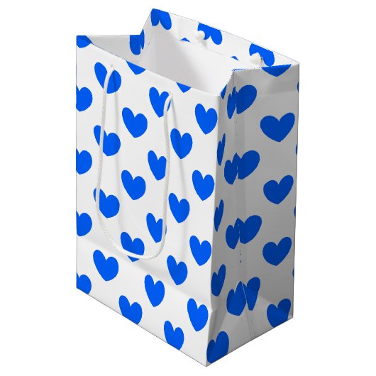 Blauwe polka harten wit medium cadeauzakje (Voorkant Gekanteld)