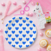 Blauwe polka harten wit papieren bordje (Feest)