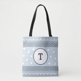 Blauwe polka stippen geometrisch patroon monogram tote bag
