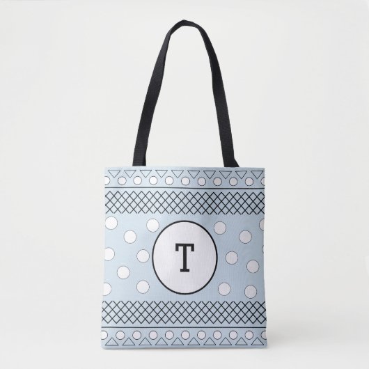 Blauwe polka stippen geometrisch patroon monogram tote bag (Voorkant)