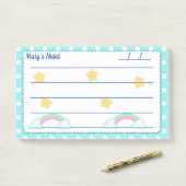 Blauwe polka stippen, leuke sterren & regenbogen 1 post-it® notes (Op bureau)