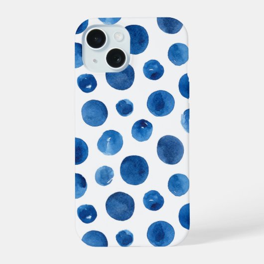 Blauwe polka stippen. Waterverf zeemijppatroon iPhone 15 Case (Achterkant)