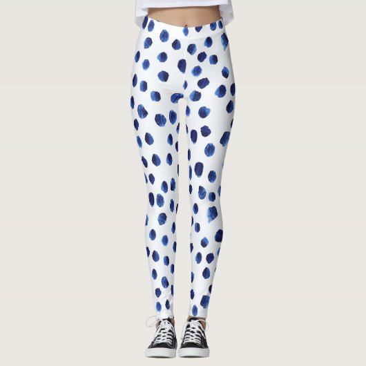 Blauwe Polka: Waterverf Dot Naadloos. Leggings (Voorkant)