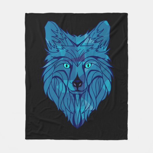 Blauwe Poly Wolfskop Fleece Deken (Voorkant)