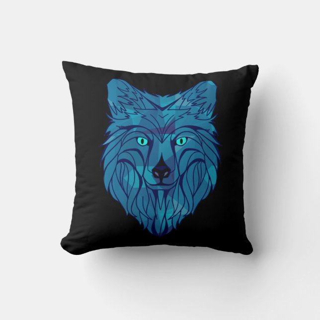 Blauwe Poly Wolfskop Kussen (Voorkant)