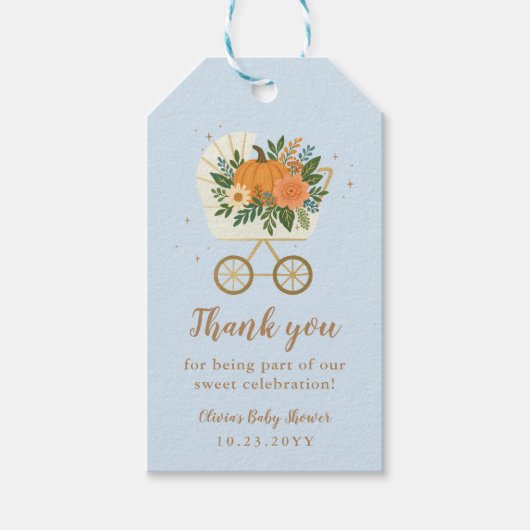 Blauwe Pompoen Baby Shower Dank Je Cadeaulabel (Voorkant)