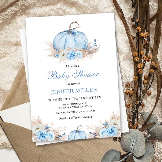 Blauwe Pompoen Baby Shower Kaart