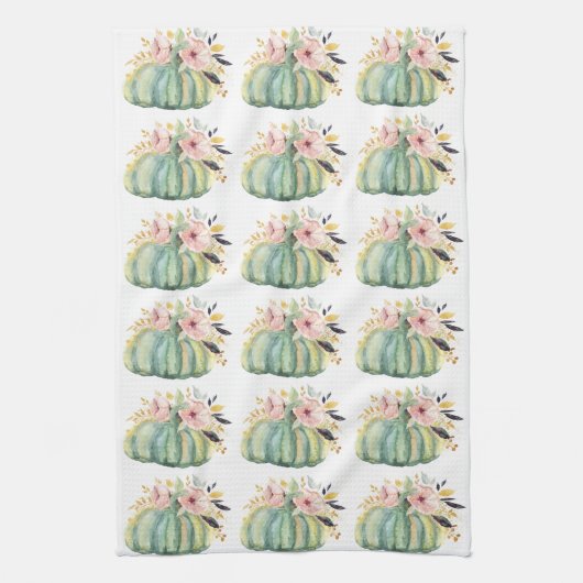 Blauwe pompoen bloemenherfst waterverf elegant roz theedoek (Verticaal)