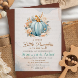Blauwe Pompoen Bloemige Baby Shower Uitnodiging