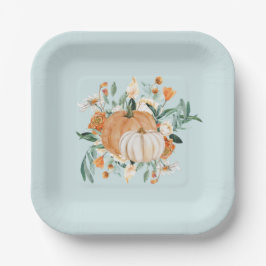 Blauwe Pompoen Bloemrijke Herfstkleuren, Papieren Bordje