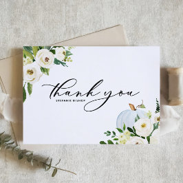 Blauwe pompoen en groen Herfst Baby shower Bedankkaart