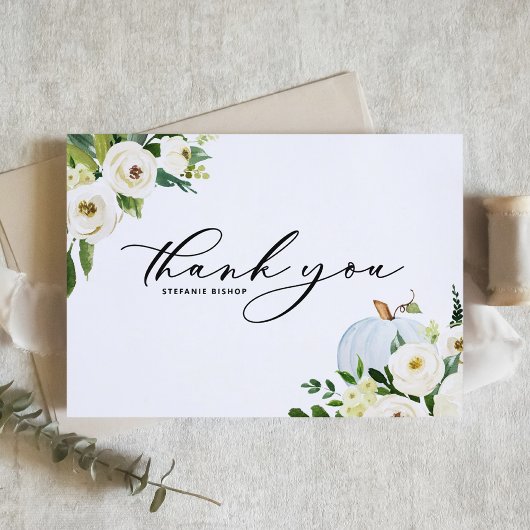 Blauwe pompoen en groen Herfst Baby shower Bedankkaart