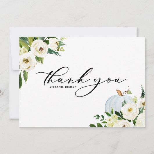 Blauwe pompoen en groen Herfst Baby shower Bedankkaart (Voorkant)