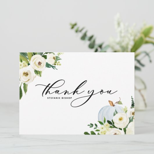 Blauwe pompoen en groen Herfst Baby shower Bedankkaart (Staand voorkant)