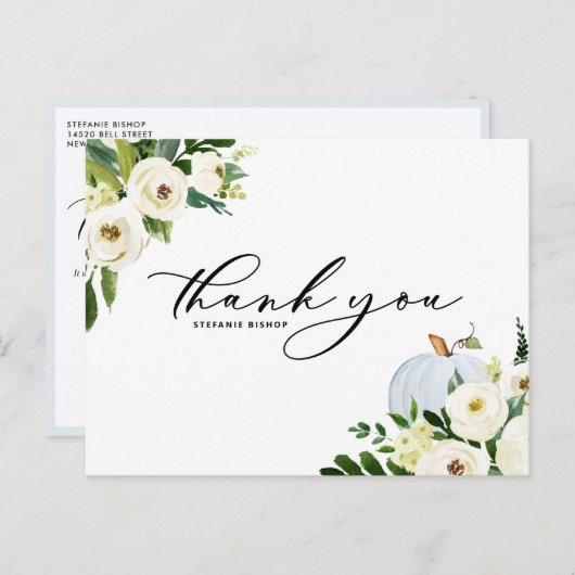 Blauwe pompoen en witte bloemen Afstuderen Dank u Briefkaart (Voorkant / Achterkant)