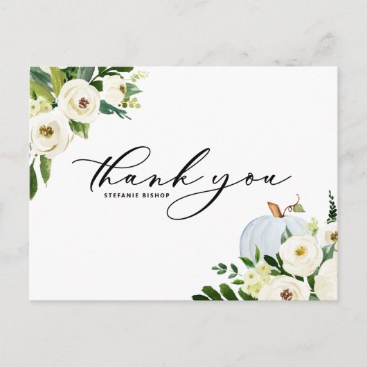 Blauwe pompoen en witte bloemen Afstuderen Dank u Briefkaart (Voorkant)