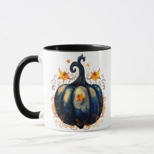 Blauwe pompoen gouden rollen bladeren Halloween Mok