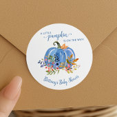 Blauwe pompoen grillig Baby shower Ronde Sticker