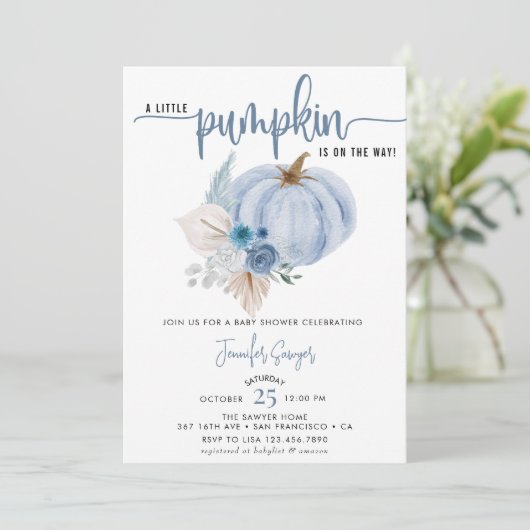 blauwe pompoen | Herfst Baby shower Kaart (Staand voorkant)