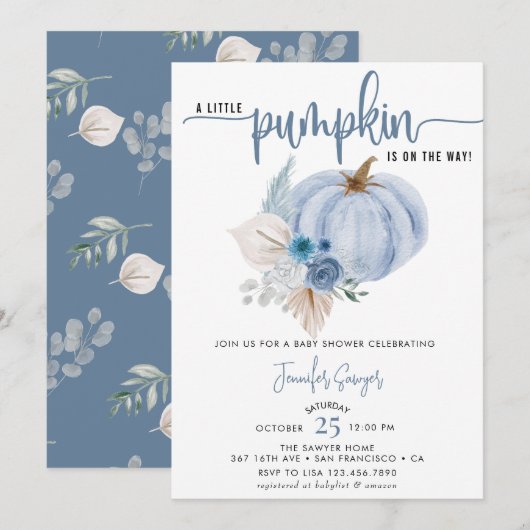 blauwe pompoen | Herfst Baby shower Kaart (Voorkant / Achterkant)
