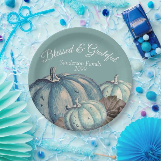 Blauwe Pompoen Herfst Party Grateful Blessed Papieren Bordje (Feest)