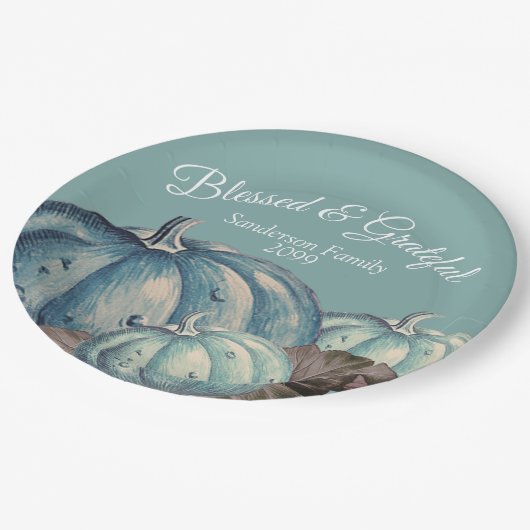 Blauwe Pompoen Herfst Party Grateful Blessed Papieren Bordje (Gekanteld)