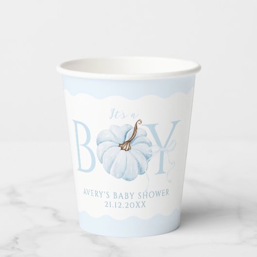 Blauwe pompoen Het is een Boy Modern Herfst Baby s Papieren Bekers (Achterkant)