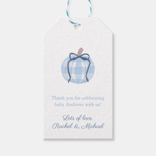 Blauwe pompoen met boog Baby shower Cadeaulabel (Voorkant)