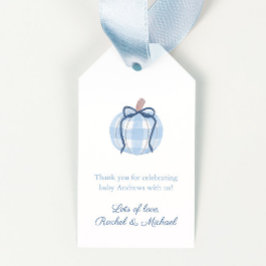 Blauwe pompoen met boog Baby shower Cadeaulabel