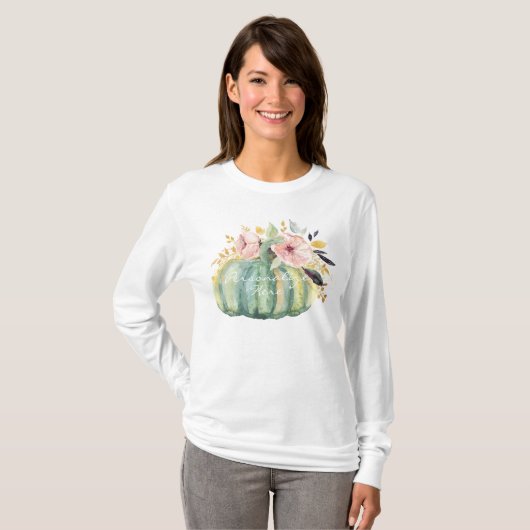 Blauwe pompoen roze bloemenherfst waterverf elegan t-shirt (Voorkant volledig)