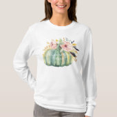 Blauwe pompoen roze bloemenherfst waterverf elegan t-shirt (Voorkant)