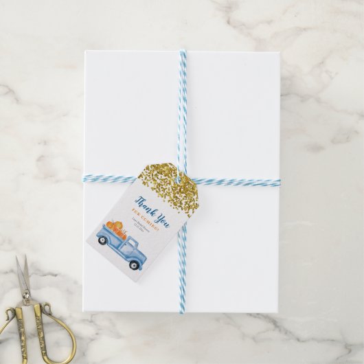 Blauwe pompoen truck gouden faux dank u Label Cadeaulabel (Met Touw)